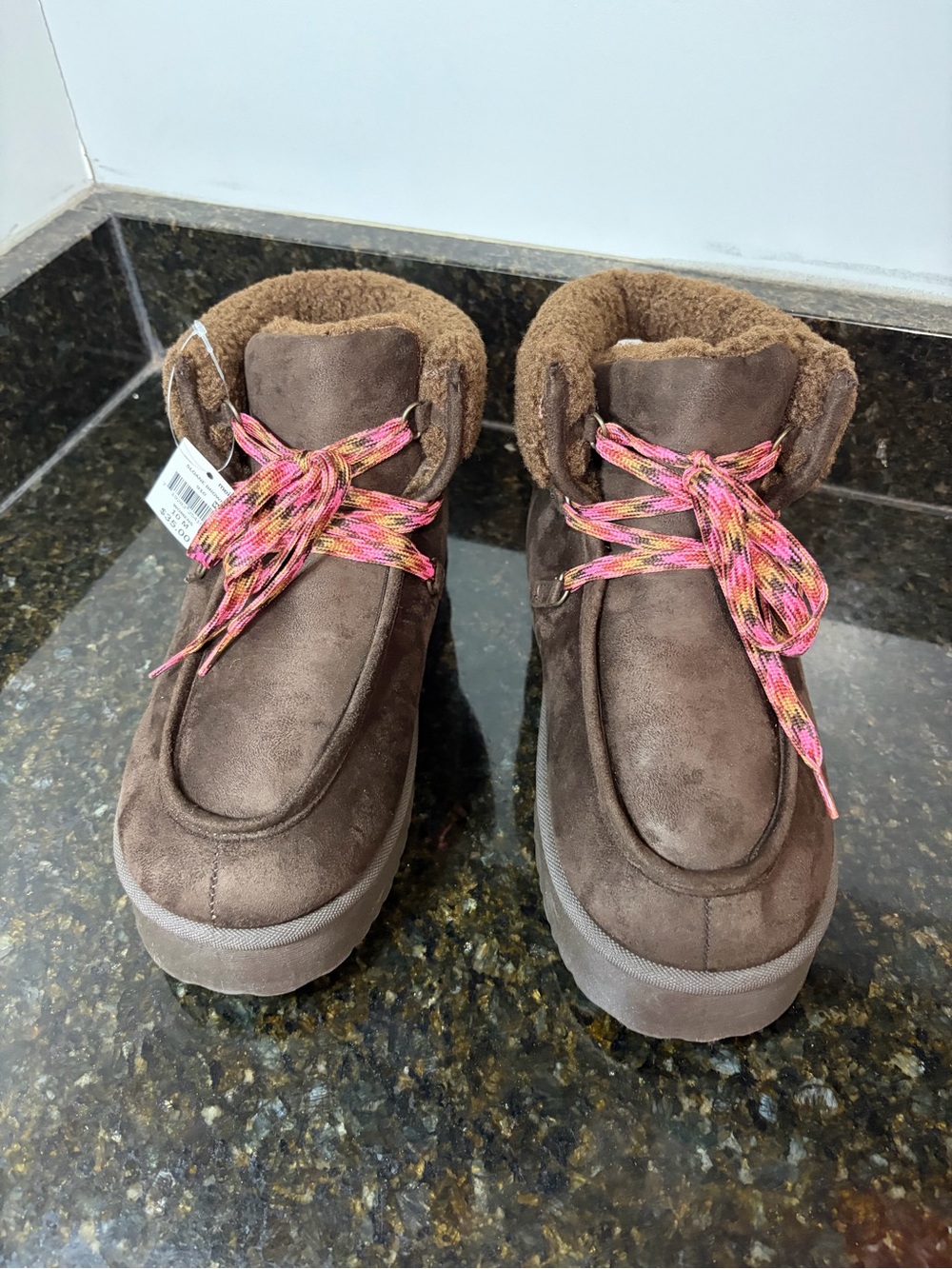 FALLS CREEK NWT Sloane Brown Faux Suede Ankle Boots with Pink Multi-Color Laces